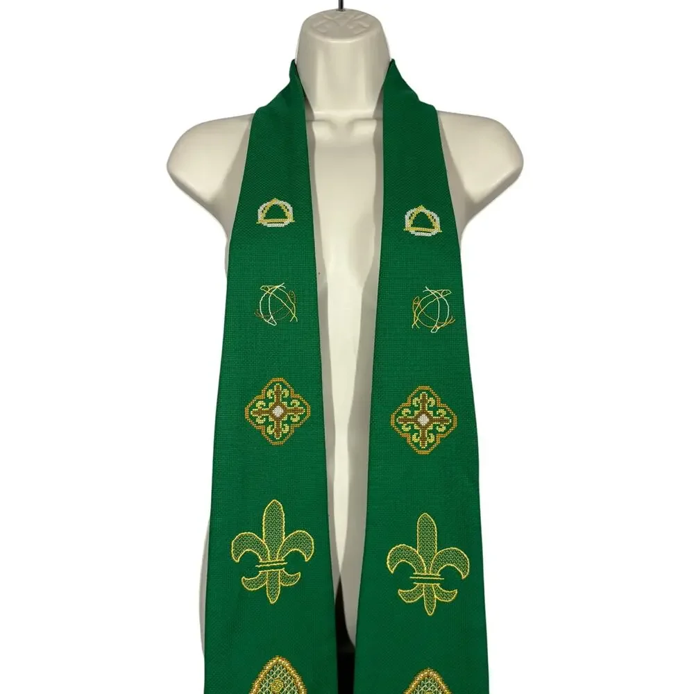 Celtic Stole Graduation Clergy Overlay Knit Fringe Scarf Green Gold